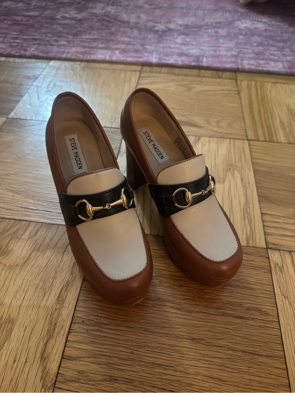 Steve Madden Brown, Cream & Black Horsebit Platform Loafers